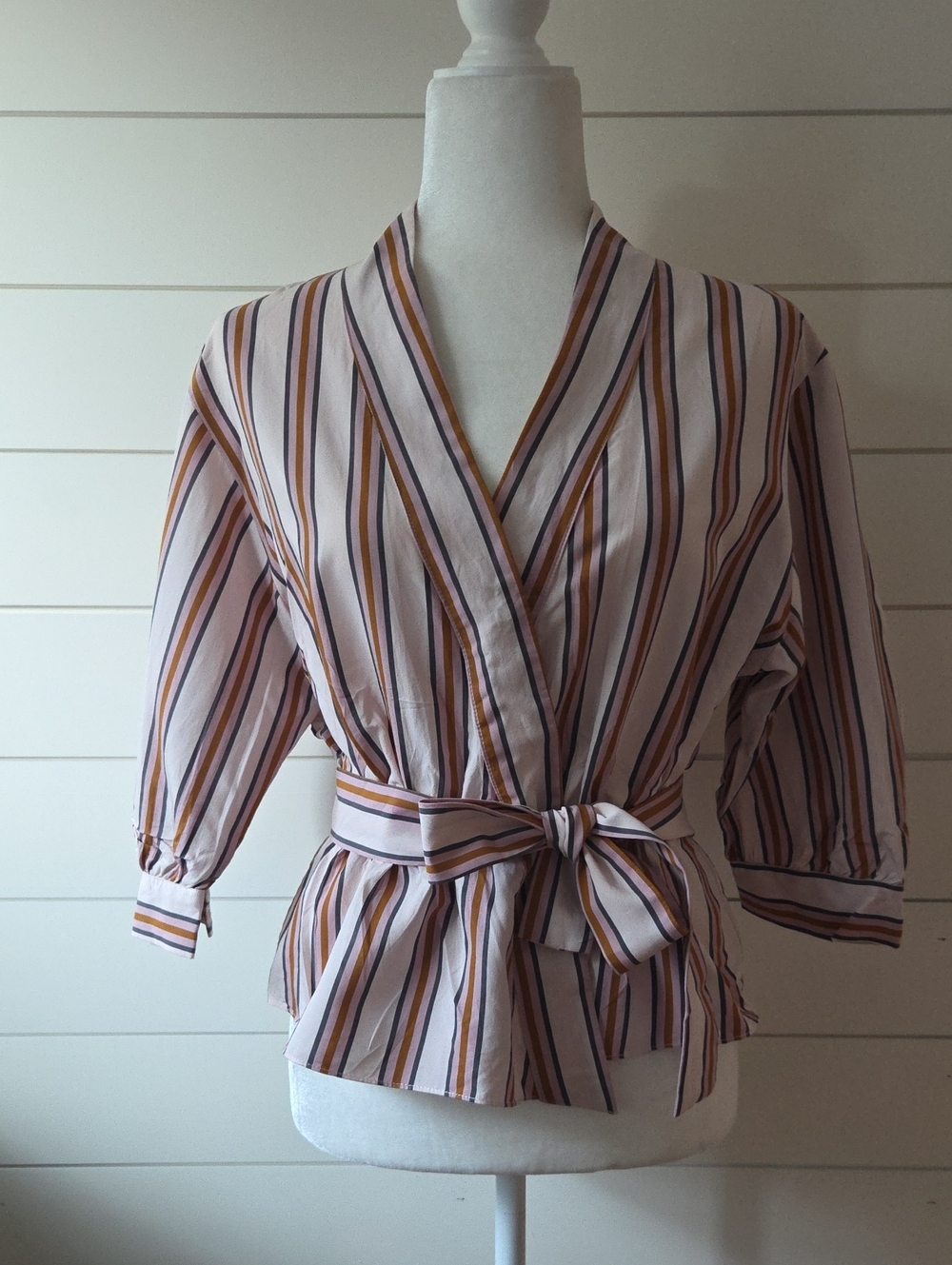 ba&sh Striped Wrap Kimono in Blush Pink with Mustard and Navy Stripes Size S